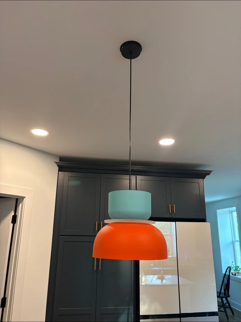 Two-Tone Blue and Orange mid century modern Pendant Lanterns (set of 2)